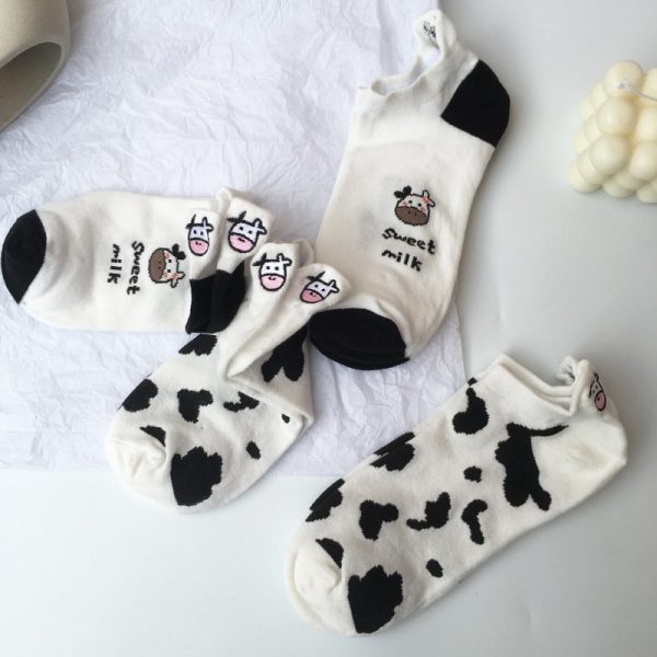 2 Pair Pack Cow Print Socks Woman Animal Cute Cartoon Black White Spots Cotton Casual Wholesale 1 - Cow Print Shop