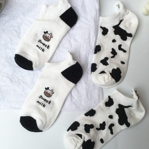 2 Pair Pack Cow Print Socks Woman Animal Cute Cartoon Black White Spots Cotton Casual Wholesale 2 - Cow Print Shop