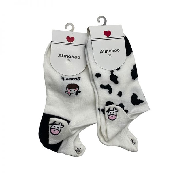 2 Pair Pack Cow Print Socks Woman Animal Cute Cartoon Black White Spots Cotton Casual Wholesale 5 - Cow Print Shop