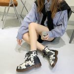 2020 New Women Milk Cow Print Round Toes Ankle boots Women Flats Lace up Shoes Woman 5 - Cow Print Shop