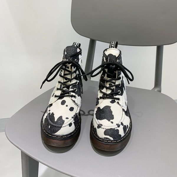 2020 New Women Milk Cow Print Round Toes Ankle boots Women Flats Lace up Shoes Woman - Cow Print Shop