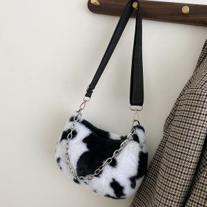 2021 New Winter Cow Print Shoulder Bags For Women Soft Plush Handbag Female Chain Bag Crossbody - Cow Print Shop