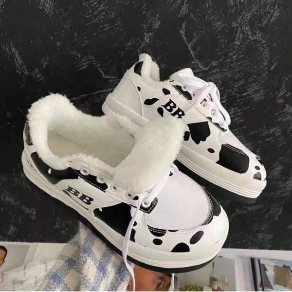 2021 Winter Plush Zapatillas Mujer Fashion Cow Print Sneakers Femme Patchwork Warm Women Shoes INS Hot - Cow Print Shop