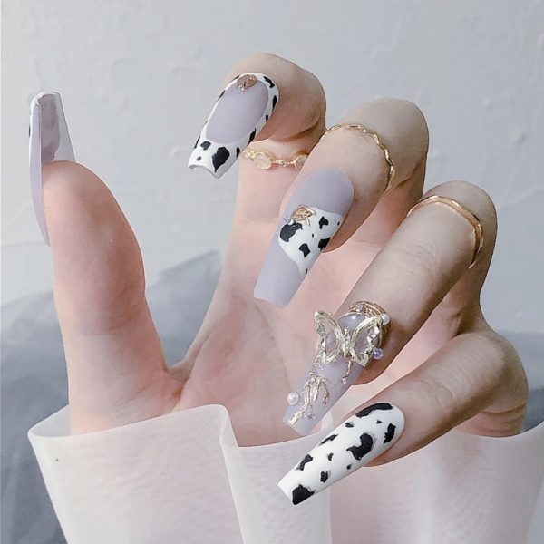24 Pcs Cow Pattern 3D Butterfly Ballet Fake Nails Love Flame Design Press On Nail Tips - Cow Print Shop
