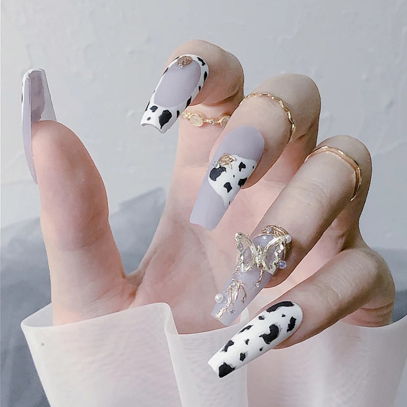 Medium Oval Pink Cow print Press on nails Glossy Round French Reusable Fake  Nails Black White False Acrylic Nail Art Tips - AliExpress