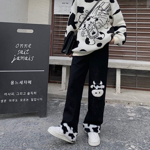 Cow Print Baggy Wide Leg Pants Women Fairy Grunge Punk Japanese Harajuku Trousers Y2k Aesthetic Emo - Cow Print Shop