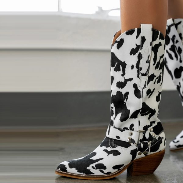 Cow Women Model Shoes Brown Cow Pattern Fall Fashion Ladies Mid Calf Boots Street Style Pointed 1 - Cow Print Shop