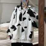 Deeptown Cow Print Zip Up Hoodie Women Kawaii Zipper Sweatshirt Korean Style 2021 Autumn Winter Cute - Cow Print Shop