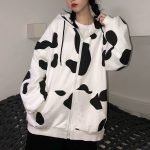 Deeptown Cow Print Zip Up Hoodie Women Kawaii Zipper Sweatshirt Korean Style 2021 Autumn Winter Cute 2 - Cow Print Shop