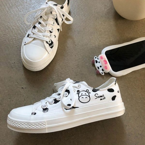 Designer Women Canvas White Sneakers Cartoon Cow Print Shoes High Top Thick Heels Sneakers Casual Running 1 - Cow Print Shop