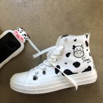 Designer Women Canvas White Sneakers Cartoon Cow Print Shoes High Top Thick Heels Sneakers Casual Running - Cow Print Shop