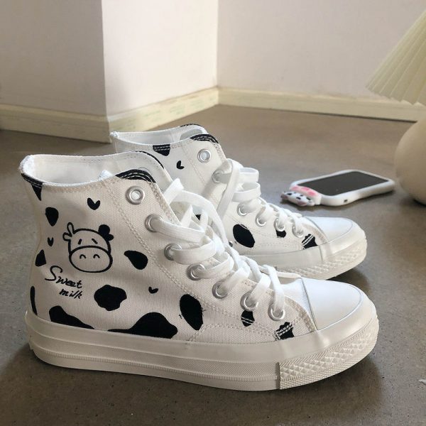 Designer Women Canvas White Sneakers Cartoon Cow Print Shoes High Top Thick Heels Sneakers Casual Running 2 - Cow Print Shop