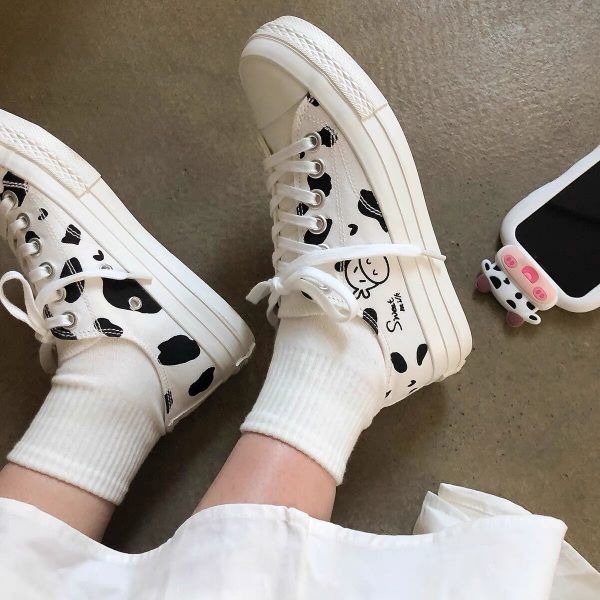 Designer Women Canvas White Sneakers Cartoon Cow Print Shoes High Top Thick Heels Sneakers Casual Running 4 - Cow Print Shop