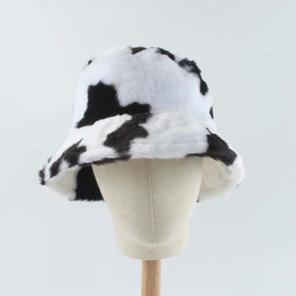 Faux Fur Winter Hats For Women Black White Cow Print Bucket Hat Men Panama Fisherman Caps 1 - Cow Print Shop