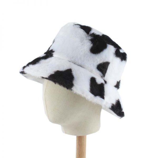Faux Fur Winter Hats For Women Black White Cow Print Bucket Hat Men Panama Fisherman Caps 2 - Cow Print Shop