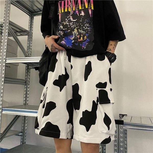 HOUZHOU Harajuku Korean Fashion Streetwear Cow Print Shorts Joggers Women Sports Summer Wide Leg Pocket Casual 3 - Cow Print Shop