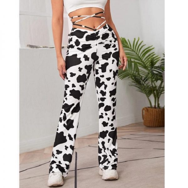 Harajuku Cow Print Wide Leg Trousers For Female Streetwear Print High Waist Bandage Flare Pants Loose - Cow Print Shop