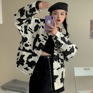 Plus Size Fashion Cow Print Jacket Women 2020 Autumn Coat Casual Long Sleeve Turn Down Collar - Cow Print Shop