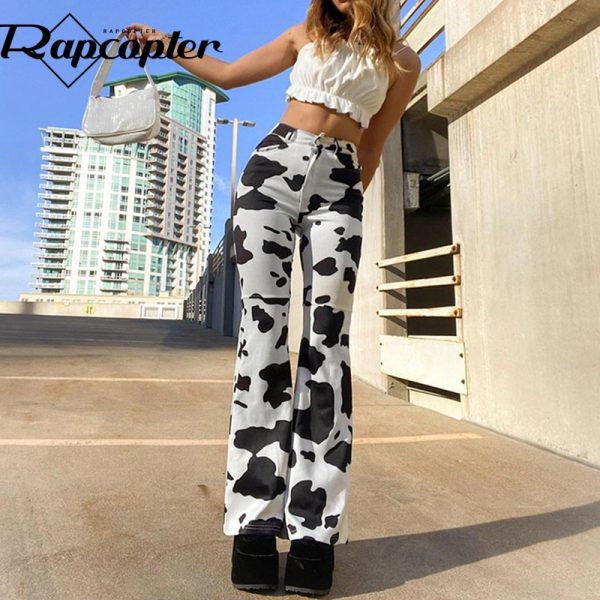 Rapcopter Cow Print Jeans Baggy Straight Cargo Trouser y2k Fashion Denim Pants Retro Joggers Women 2021 - Cow Print Shop