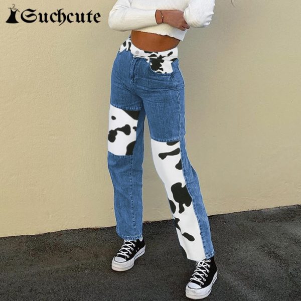 SUCHCUTE Cow Print Patchwork Women s Jeans Pants High Waist Female Straight Trousers Streetwear 90s Casual - Cow Print Shop