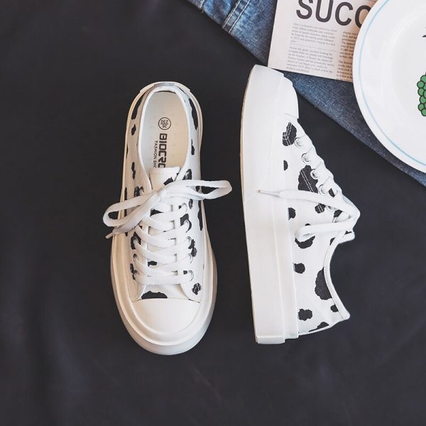 Spring 2021 New Cow Thick Soled Canvas Shoes Women s Versatile Ulzaang Gumshoes Girl Casual White 2 - Cow Print Shop