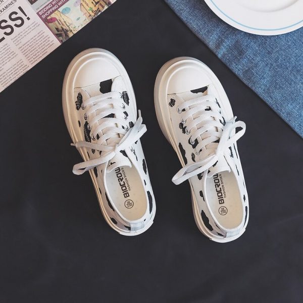 Spring 2021 New Cow Thick Soled Canvas Shoes Women s Versatile Ulzaang Gumshoes Girl Casual White 3 - Cow Print Shop