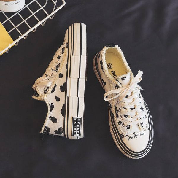 Spring Hot New Thick Soled Cow Canvas Shoes Women s Muffin Board Shoes Lace Up No 2 - Cow Print Shop