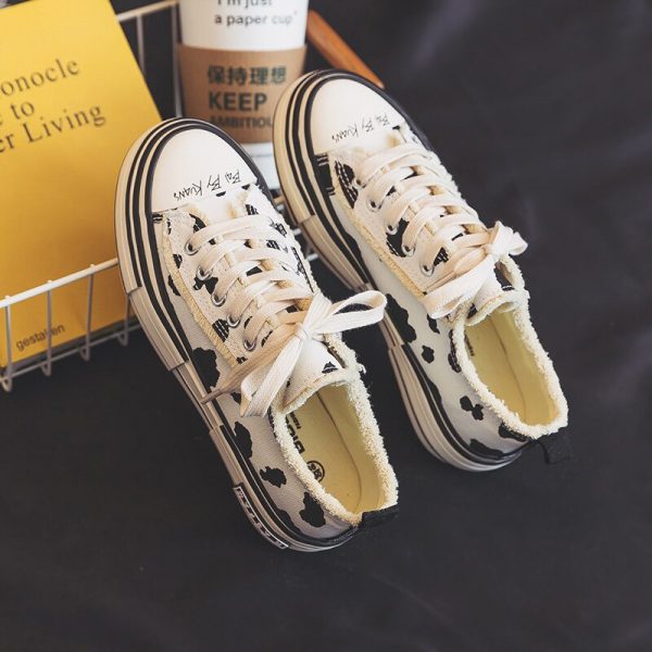 Spring Hot New Thick Soled Cow Canvas Shoes Women s Muffin Board Shoes Lace Up No 3 - Cow Print Shop