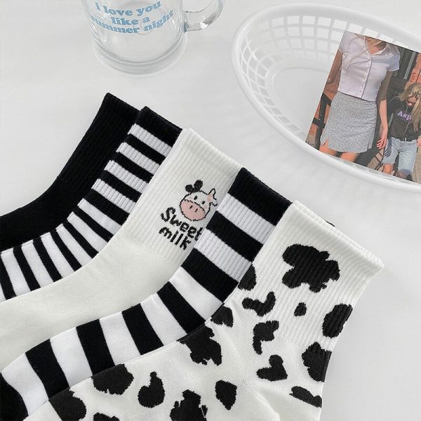 Striped socks funny cow print white cartoon calcetines cozy harajuku skarpetki damskie cute animal chaussettes kawaii 2 - Cow Print Shop