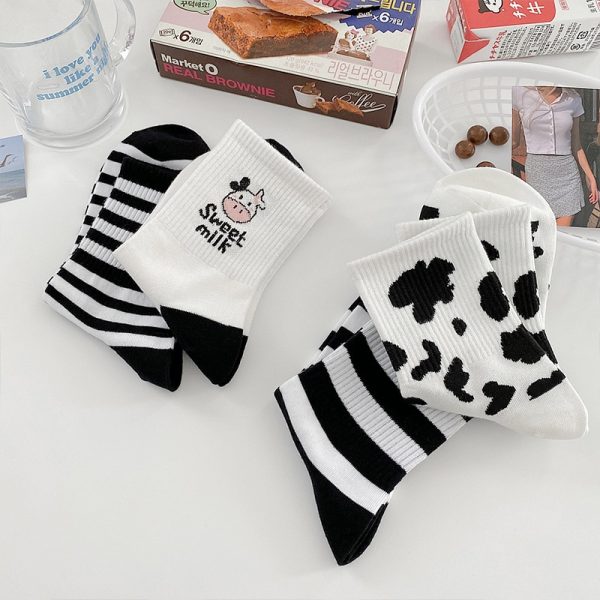Striped socks funny cow print white cartoon calcetines cozy harajuku skarpetki damskie cute animal chaussettes kawaii 3 - Cow Print Shop
