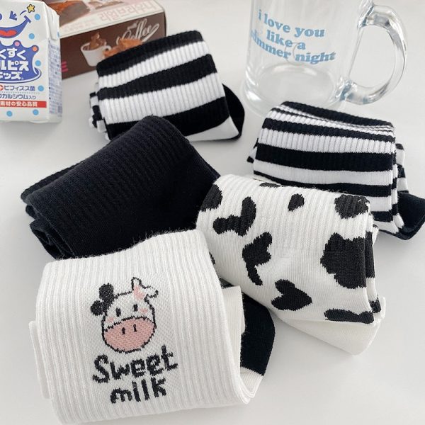 Striped socks funny cow print white cartoon calcetines cozy harajuku skarpetki damskie cute animal chaussettes kawaii - Cow Print Shop