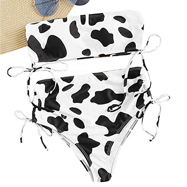 Two Piece Bandeau Bikini Sexy High Waist Swimsuit Female Swimwear Cow Print Mini Thong Push up - Cow Print Shop
