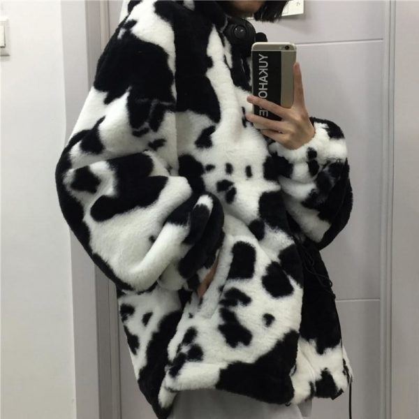 Winter Women Fleece Jackets Furry Teddy Coat Women Harajuku Milk Cow Print Faux Fur Jacket Vintage 1 - Cow Print Shop