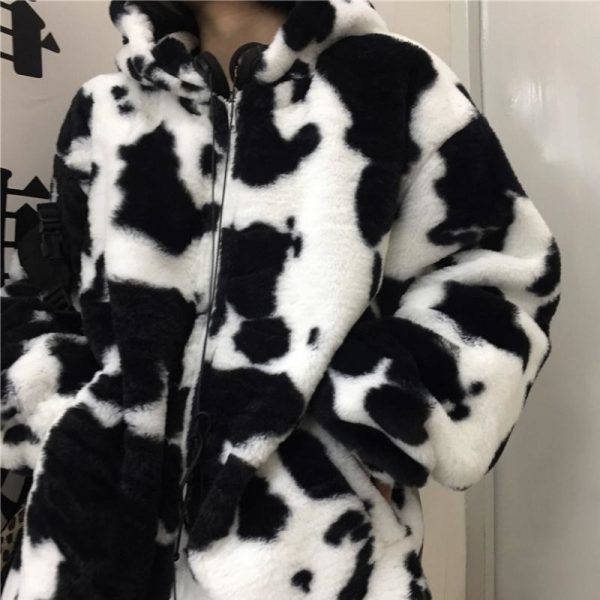 Winter Women Fleece Jackets Furry Teddy Coat Women Harajuku Milk Cow Print Faux Fur Jacket Vintage 2 - Cow Print Shop