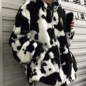 Winter Women Fleece Jackets Furry Teddy Coat Women Harajuku Milk Cow Print Faux Fur Jacket Vintage - Cow Print Shop