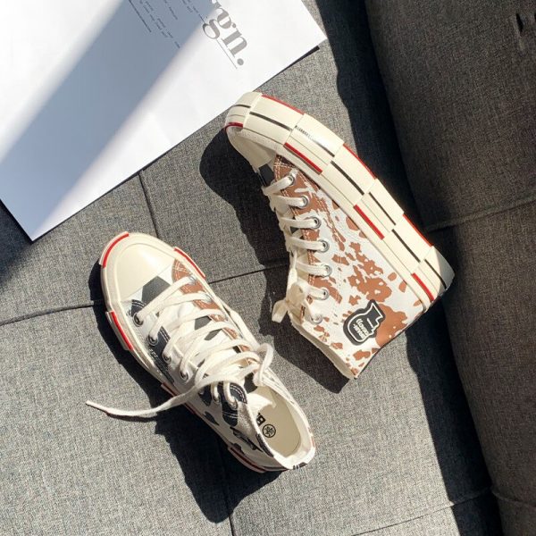 Woman Fashion Shoes Canvas Vulcanized Gumshoes Irregular Cow Print High Lacing Sneakers Chic Stylish Casual Shoes 1 - Cow Print Shop