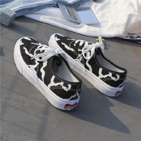 Women Canvas Sneakers Cow Print Patchwork White Shoes Brand Lovely Girls Thick Heel Sneakers Designer Low 1 - Cow Print Shop