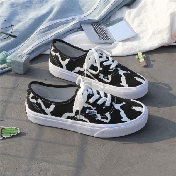 Women Canvas Sneakers Cow Print Patchwork White Shoes Brand Lovely Girls Thick Heel Sneakers Designer Low 4 - Cow Print Shop