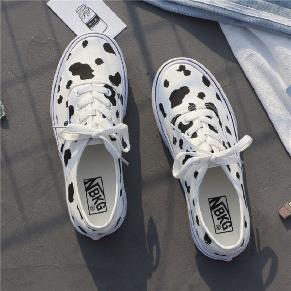 Women Canvas Sneakers Cow Print Patchwork White Shoes Brand Lovely Girls Thick Heel Sneakers Designer Low - Cow Print Shop