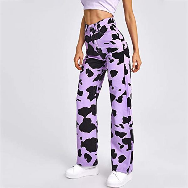 Women Purple Cow Print Jeans Pants High Waist Loose Pocket Wide Leg Pants Fashion Denim Trouser 1 - Cow Print Shop