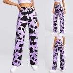Women Purple Cow Print Jeans Pants High Waist Loose Pocket Wide Leg Pants Fashion Denim Trouser - Cow Print Shop