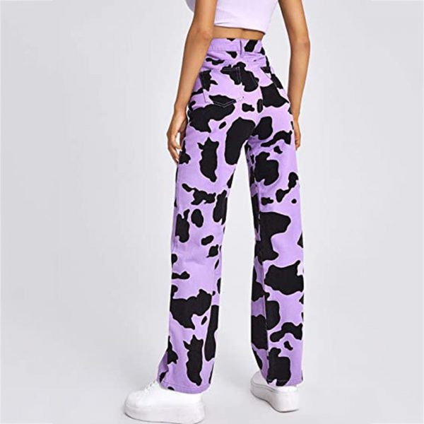 Women Purple Cow Print Jeans Pants High Waist Loose Pocket Wide Leg Pants Fashion Denim Trouser 2 - Cow Print Shop