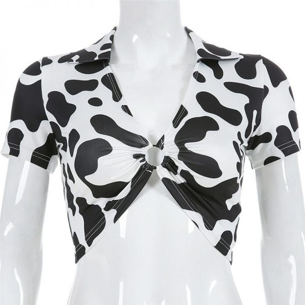 Women Tees New Fashion Sexy Black White Cow Print Ring Hollow Crop Tops Summer T Shirts - Cow Print Shop