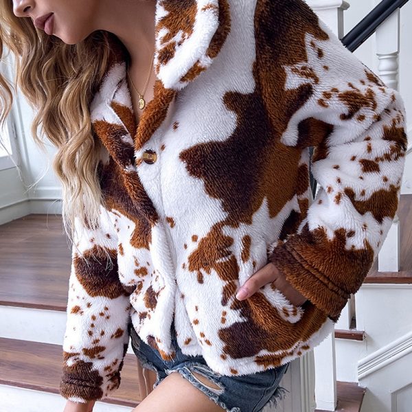 Women Winter Double sided Plush Jacket Cow Print Long Sleeve Warm ButtonCropped Coats Woman Clothing 2021 - Cow Print Shop