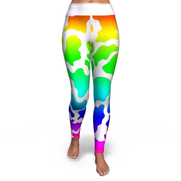 yoga leggings aop light rainbow cow print yoga leggings 1 - Cow Print Shop